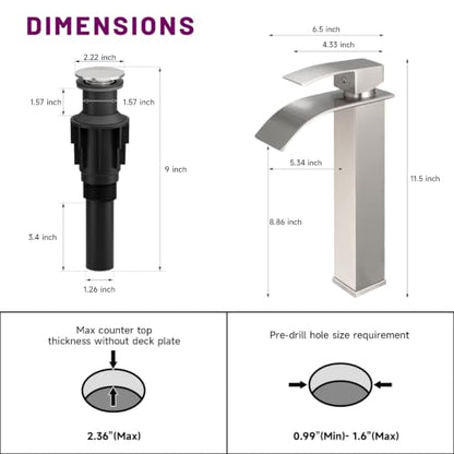 Waterfall Bathroom Faucet Brushed Nickel Stainless Steel Vessel Sink Faucet | Single Handle One Hole Deck Mount,Bowl Vanity Sink Faucet,with Pop-up Drain Stopper and Supply Hose,Lead-Free by Bathfinesse - color: Brushed Nickel
