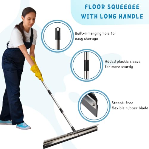 Floor Squeegee for Concrete Water Removal, 31'' Large Heavy Duty Water Pusher with Splash Guard for Garage, Deck, Driveway, Pool, Patio, Tile, 55.5’’ Long Handle Commercial Outdoor Rubber Squeegees - size: 31in