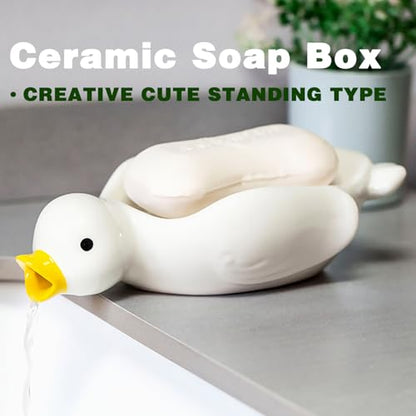 Cute Ceramic Soap Dish Self Draining Adorable Duck Shaped Kitchen Sink Soap Organizer for Bathroom Quick Drying Soap Holders - color: White Duck-1