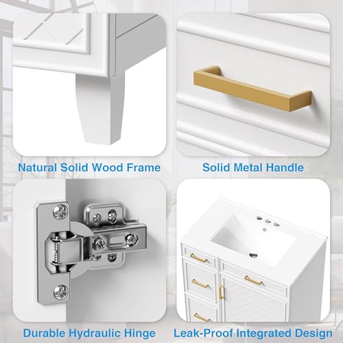 30" Bathroom Vanity with Sink, Solid Wood Frame Modern with Charging Station, Bathroom Single Sink Cabinet with 2 Drawers and 1 Doors, Gold Metal Handles, White - color: White, size: 30 inch