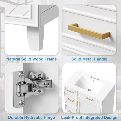 30" Bathroom Vanity with Sink, Solid Wood Frame Modern with Charging Station, Bathroom Single Sink Cabinet with 2 Drawers and 1 Doors, Gold Metal Handles, White - color: White, size: 30 inch