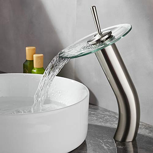 Waterfall Bathroom Faucet Glass Single Handle Solid Brass Basin Lavatory Vessel Sink Vanity Faucet,Tall,Brushed Nickel - color: Brushed Nickel