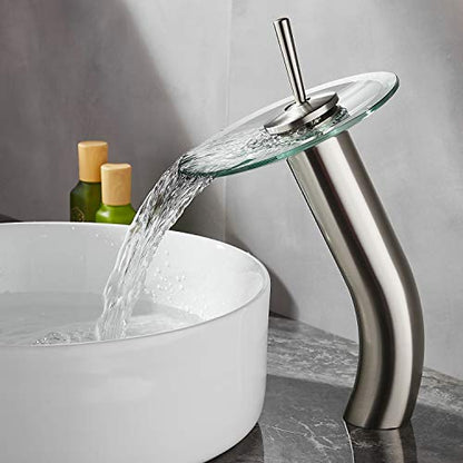 Waterfall Bathroom Faucet Glass Single Handle Solid Brass Basin Lavatory Vessel Sink Vanity Faucet,Tall,Brushed Nickel - color: Brushed Nickel