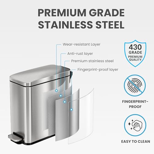 iTouchless 3 Gallon Small Wastebasket for Bathroom with Lid, Deodorizer, Soft-Step Stainless Steel Slim Garbage Bin, 12 L Silver Small Trash Can, Step Pedal, Fingerprint-Proof for Powder Room & RV - color: Brushed Silver