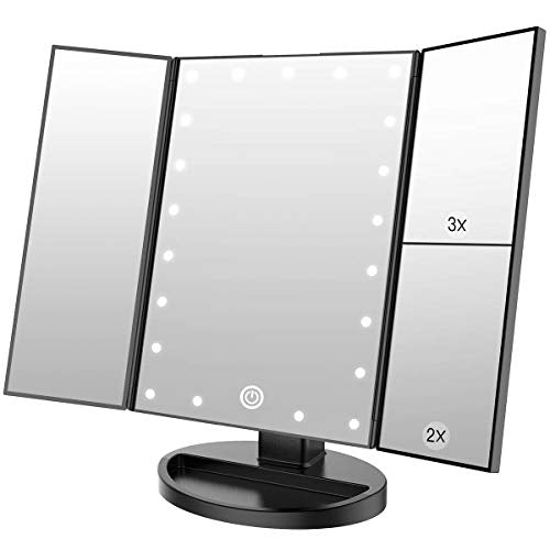 WEILY Makeup Mirror with 21 LED Lights,Two Power Supply Modes | Adjustable Touch Screen and 1x/2x/3x Magnification Tri-Fold Vanity Mirror,Chargeable Travel Cosmetic Mirror for Desktop - color: Black, size: 3.2"L x 7.5"W