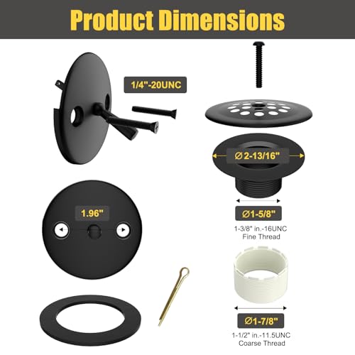 Trip Lever Tub Drain Kit, Matte Black | Bathtub Drains Stopper Replacement Kits, Trip Lever Overflow Faceplate, Tub Drains Strainer, Thread Adapter & Gasket - color: Black Kits