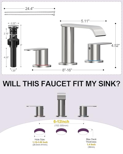 2 Pack Brushed Nickel Waterfall Bathroom Faucet for Sink 3 Hole Widespread | Bathroom Sink Faucets with Pop-up Drain and Supply Lines Stainless Steel 2-Handle Bathroom Sink Faucet by Homevacious - color: Brushed Nickel X 2, size: 8 Inch Widespread
