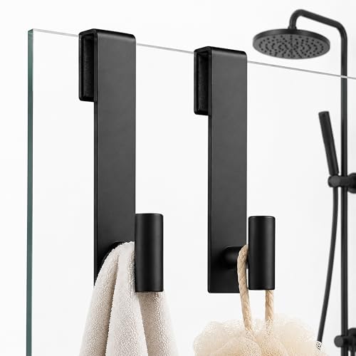 Over Glass Shower Towel Hooks, Shower Door Hooks, Black, 2 Pack | Stainless Steel, Heavy Duty, Easy Installation, Slim Design, Soft Padding, Shower Towel Hooks For Glass Shower Door