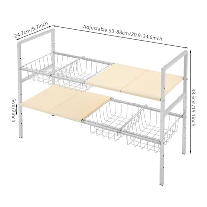 2-Tier Under Sink Organizer, Adjustable 20.9-34.6 Inch, Stainless Steel Cabinet Shelf with 4 Baskets, Cream White (Cream White) - color: Cream White