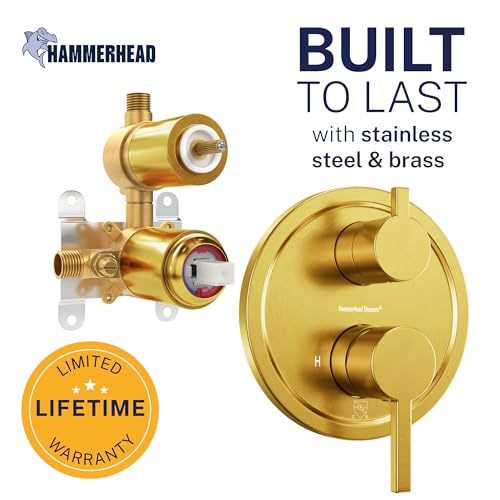 HammerHead Showers Solid Metal Two-Handle Shower Valve and Trim Kit, Volume and Temperature Control with Integrated Diverter, Pressure Balance Rough-In Valve Included, Brushed Gold - color: Brushed Gold