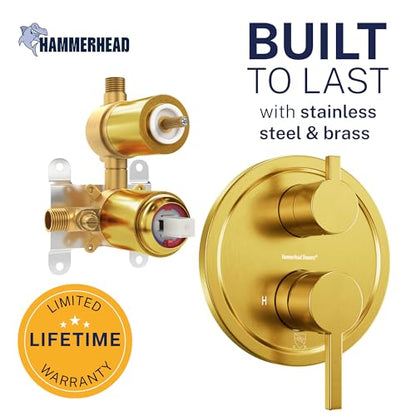 HammerHead Showers Solid Metal Two-Handle Shower Valve and Trim Kit, Volume and Temperature Control with Integrated Diverter, Pressure Balance Rough-In Valve Included, Brushed Gold - color: Brushed Gold