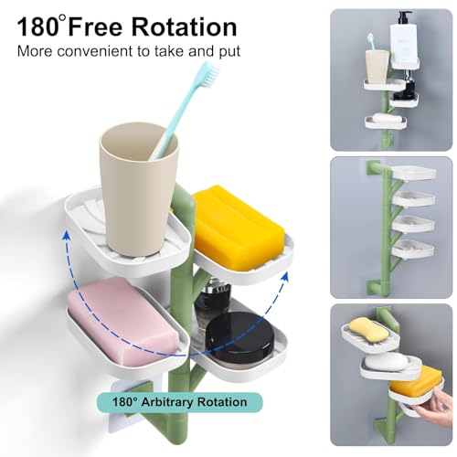Soap Holder Four Layer Wall Mounted NO-Drilling Rotatable Self-draining Removable Soap Dish for Shower Bathroom Tray,Self Draining Sponge Holder,Razor Holder（White/Green） - color: White/Green