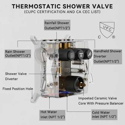 Thermostatic Shower System Matte Black Push Button Shower Faucet Set,12" Ceiling Rainfall and 6" Wall Mount Rain Shower with 2 in 1 Handhled, Can Use All at Once, Shower Set with Valve and Trim Kit - color: Matte Black, size: 6+12 inch-11