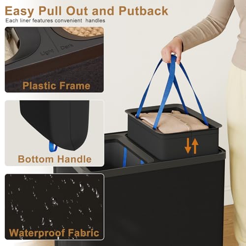 Double Laundry Hamper with Lid, 150L Large Laundry Basket 2 Compartments | Gasvadivum Dirty Clothes Hamper 2 Section with Portable Liner Bags and Handles for Laundry Room, Bedroom, Easy Assembly,Black - color: Black