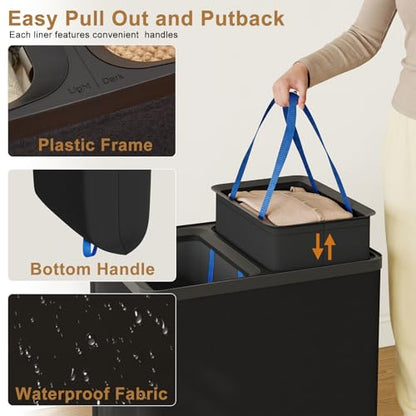 Double Laundry Hamper with Lid, 150L Large Laundry Basket 2 Compartments | Gasvadivum Dirty Clothes Hamper 2 Section with Portable Liner Bags and Handles for Laundry Room, Bedroom, Easy Assembly,Black - color: Black