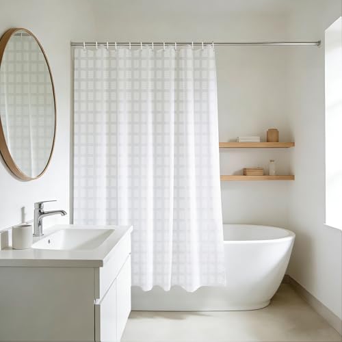 Waffle Weave Shower Curtain 60 Inches Long for Walkin Tub with 12PK Hooks | Water-Repellent Fabric 12PK Hooks - color: White, size: 70"W x 60"L (Pack of 1)