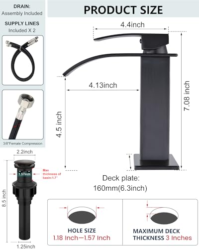 Midanya Waterfall Bathroom Faucet 1 Hole,Oil Rubbed Bronze | with 24” Hoses,Pop Up Drain,6” Deck Plate,for 1 or 3 Hole Vanity,Lavatory,RV,Single Handle Bathroom Sink Faucet,NSF Certified - color: Bronze