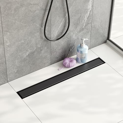 Neodrain 24" Shiny Black Linear Shower Drain,2-in-1 Flat& Tile Insert Cover | 304 Stainless Steel,Fast Drainage, Durable,Rectangle Shower Floor Drain with Adjustable Feet,Hair Strainer,Fits Bathrooms - color: Shiny Black, size: 24 In