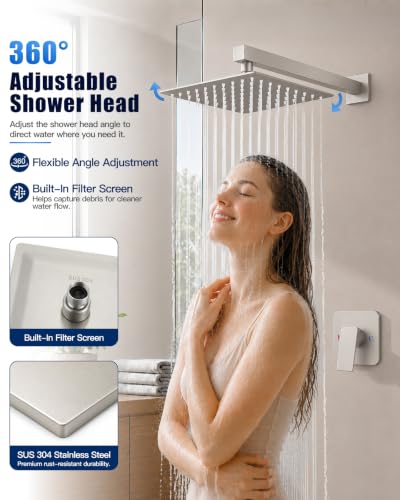 Heyalan 10 Inch Square Rain Shower Faucet Set with Valve, Brushed Nickel | Female-thread 1/2-inch NPT connections, SUS304 shower head, brass rough-in valve, single-handle control Shower Set - color: Nickel, size: 10 Inch Square Shower Head