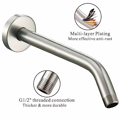 Voolan Shower Arm with Flange and Teflon Tape, Extension Shower Head Arm for Bathroom Fixed Shower Head, Solid Stainless Steel, Wall Mounted (10 Inch,Brushed Nickel) - color: Brushed Nickel, style: 10 Inch