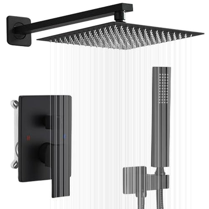 Matte Black Shower System 12 Inch Bathroom Luxury Rain Mixer Shower Combo Set Wall Mounted Rainfall Shower Head and Handheld System Shower Faucet Set Rough-in Valve Body and Trim Kit - color: Matte Black, size: 12 Inch