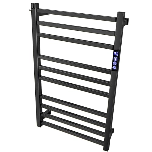 XBVV Black Towel Warmer Rack for Bathroom with Timer/Fahrenheit Display Electric Heated 10 Bars Drying Rail Plug-in or Hardwired Wall Mounted Heating Bath Towel Warming(Matte Black) - color: Matte Black