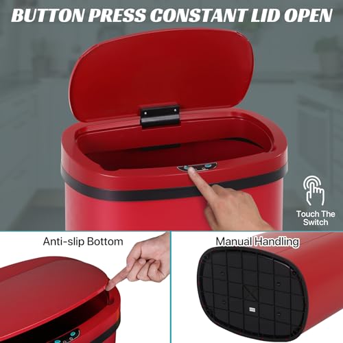 Dkeli 13 Gallon Kitchen Trash Can Garbage Can Waste Bin with Lid Automatic Touchless Stainless Steel Durable Trash Can for Home Office Living Room Bedroom, 50 Liter, Red - color: Red, size: 17 x 13 x 23 inches