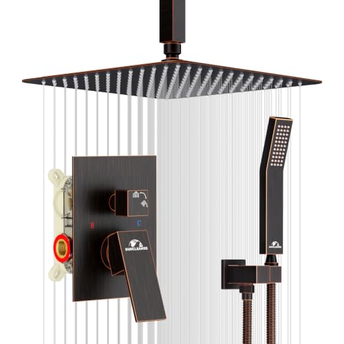 SunCleanse Rainfall Shower System with High Pressure in Oil Rubbed Bronze | Ceiling mounted shower combo set featuring a 12" square rain head, handheld spray, and rough-in mixer valve with trim. - color: Oil Rubbed Bronze, style: 12-ceiling