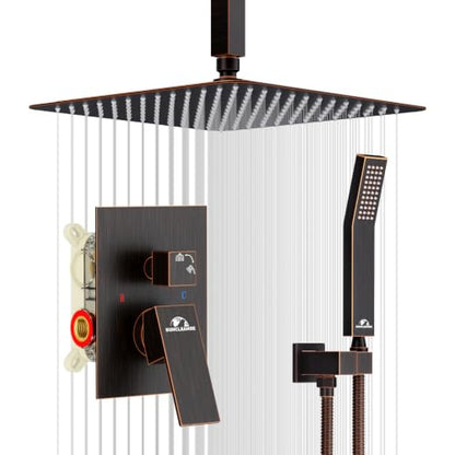 SunCleanse Rainfall Shower System with High Pressure in Oil Rubbed Bronze | Ceiling mounted shower combo set featuring a 12" square rain head, handheld spray, and rough-in mixer valve with trim. - color: Oil Rubbed Bronze, style: 12-ceiling