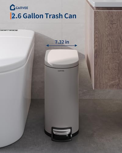 2.6 Gal / 10 L Metal Bathroom Trash Can with Lid, Slim Step-On Garbage Can with Soft Close Lid, Stainless Steel Waterproof Trash Bin for Bedroom with Inner Bucket, Rear Handle, Gray - color: Grey