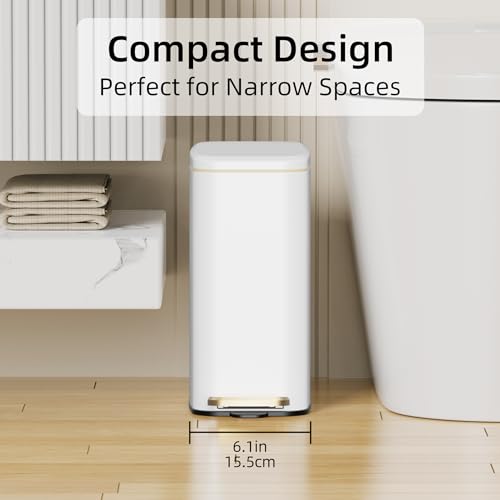 KSSKSS 1.6 Gallon/6L Small Bathroom Steel Step Trash Can, Soft-Close Lid & Fingerprint-Proof, Slim Wastebasket for Narrow Spaces (White) - color: White