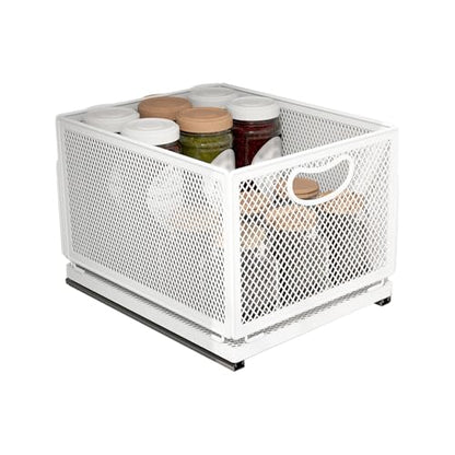 Sliding Cabinet Basket Organizer Drawer Self Adhesive Slide out Pantry Shelves Heavy Duty Carbon Steel Slide Cabinet Storage Basket with Handle for Bathroom Kitchen Home - size: Large