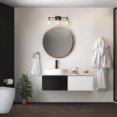 GLOBE Electric 63000062 5-Piece All-in-One Bathroom Set, Matte Black & Brass, 3-Light Vanity Light, Seeded Glass, Towel Bar, Toilet Paper Holder, Towel Ring, Robe Hook, Bathroom Lights Over Mirror - color: Matte Black, Bailey (5-Piece)