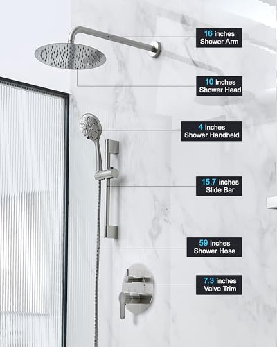 Fapully Wall Mounted 10-inch Shower System, Shower Faucets Sets Complete Round Shower Heads and Faucet Set with 6-Spray Handheld and Slide Bar Combo Included Valve and Trim Kit, Brushed Nickel