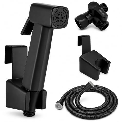 Handheld Bidet Sprayer for Toilet, Lockable Push Button, High Pressure Bathroom Sprayer, Cloth Diaper & Personal Hygiene Sprayer, Tank Mount No-Drill Install, Stainless Hose Set, Black Color - color: Black