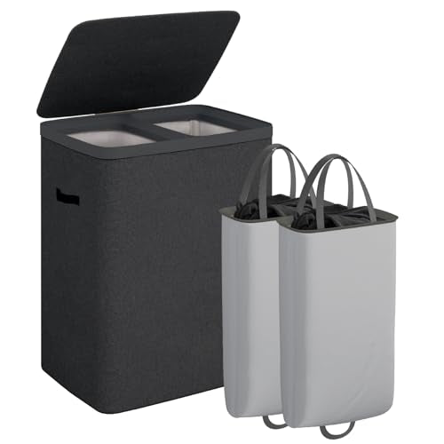 CASAMAYA Laundry Basket with Lid, Laundry Hamper 2 Section, 170L collapsible Laundry Organizer, Easy Assembly, with Handles and Removable Liners, 22 x 15.7 x 29.5 Inches, Black JSP903B - color: Black, size: 170L(2-Section)