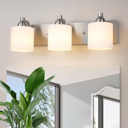 Mecgirn Stainless Steel Milk Glass Bathroom Vanity Light Over Mirror, 3 Light Brushed Nickel Bathroom Light Fixtures with Frosted Glass, Modern Vanity Lighting Wall Mount - color: Brushed Nickel, size: 3 Light