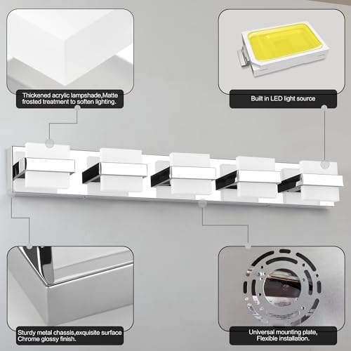 SOLFART Chrome 5 Light Bathroom Vanity Lights Over Mirror, Modern Chrome Bathroom Light Fixtures LED Lights Dimmable - color: Upgraded Chrome-6000K,100%-0% Dimmble Brightness, size: 5- Light,34Inch