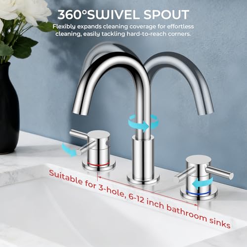 FGKQ 3-Hole 2-Handle Widespread Bathroom Sink Faucet, Chrome | Stainless steel, pop-up drain included, 360°swivel spout, for vanity sink 3-hole mount, 8-in widespread - color: Chrome