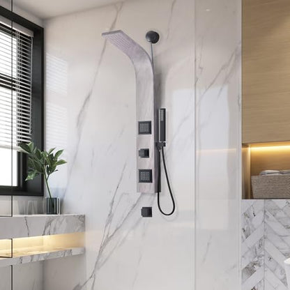 ANZZI Shower Head Panel Tower System | Aura | Grey Marble | 2 Turbo Jetted | Includes Two 2 Fully Adjustable Acu Stream Body Jets, Installation Installs To Existing Water Line, Built To Last