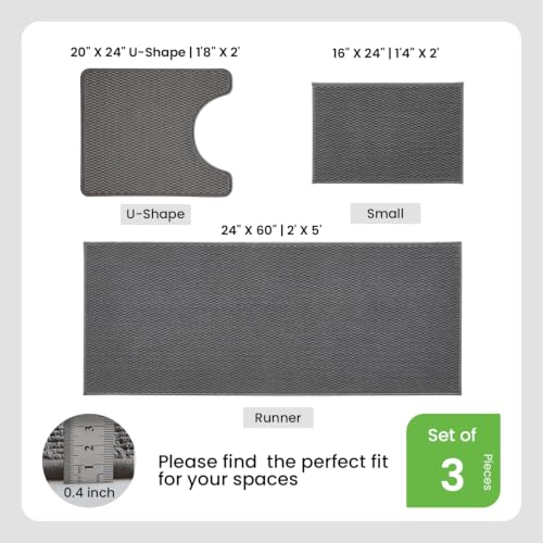 TYUU Bath Mat Set 3 Piece, Bathroom Rugs Non Slip Washable & Toilet Mat | Non Slip Quick Dry Low Pile Bathroom Mats, Washable Bath Rugs 3 Pc: 16x24, 24x60 Rug & U Shape Toilet Mat 20x24 in. Dark Grey - color: Dark Grey, size: 16"x24" + 24"x60" + 20"x24" U