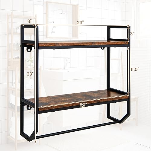 Giantex Wall Mounted Bathroom Shelves with Towel Bar, Industrial 2-Tier Over the Toilet Storage Organizer with Metal Frame, Wooden Wall Shelves, Floating Shelves for Bathroom, Kitchen, Living Room - color: Rustic Brown