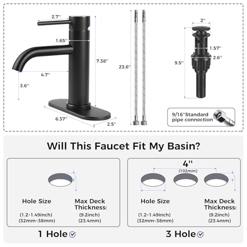 Bathroom Sink 1 Hole Single Handle Lever Faucets Stainless Steel | Pop Up Drain,Deck Plate,Flexible Hoses,1 or 3 Hole,Modern,for Vanity RV Bath Basin Wash Room Restroom Home,Matte Black - color: Matte Black