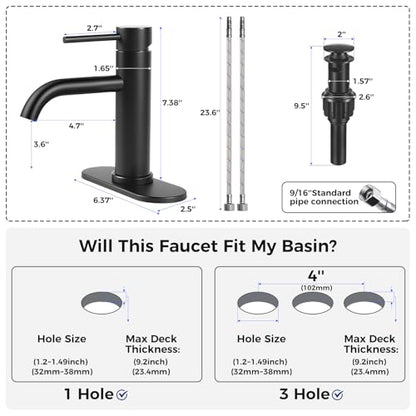 Bathroom Sink 1 Hole Single Handle Lever Faucets Stainless Steel | Pop Up Drain,Deck Plate,Flexible Hoses,1 or 3 Hole,Modern,for Vanity RV Bath Basin Wash Room Restroom Home,Matte Black - color: Matte Black