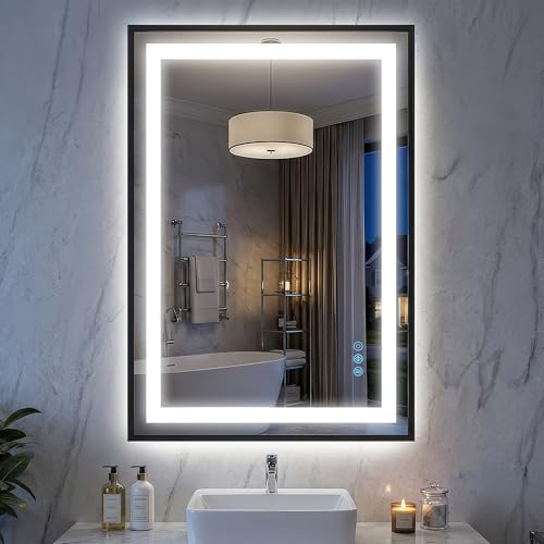Antok 24X36 LED Bathroom Mirror with Lights, Vanity Mirror for Wall with Black Frame, Touch Control, Anti-Fog, Dimmable Lights, Shatter-Proof, Memory Function, Wall-Mounted Vanity Mirrors - size: 36"L x 24"W