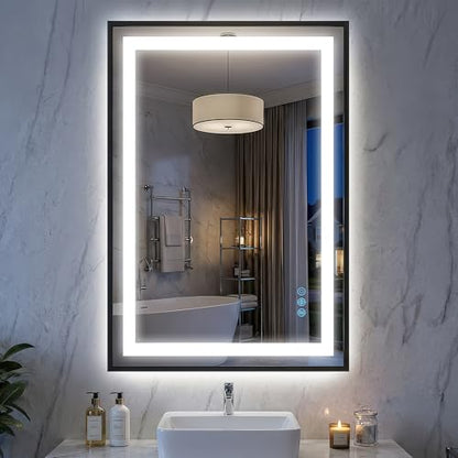 Antok 24X36 LED Bathroom Mirror with Lights, Vanity Mirror for Wall with Black Frame, Touch Control, Anti-Fog, Dimmable Lights, Shatter-Proof, Memory Function, Wall-Mounted Vanity Mirrors - size: 36"L x 24"W