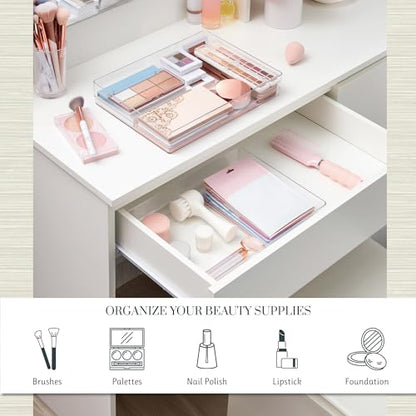 STORi SimpleSort 2-Piece Stackable Clear Drawer Organizer Set | 15" x 6" x 2" Rectangle Trays | Wide Makeup Vanity Storage Bins and Office Desk Drawer Dividers | Made in USA - size: 15x6x2"