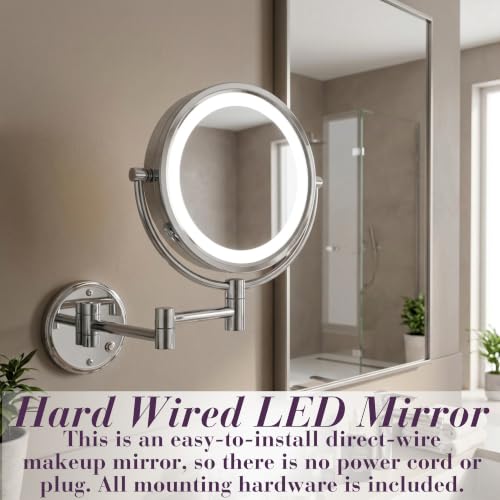 JERDON Hardwired Wall-Mount Makeup Mirror - 8X/1X - Chrome - HL88CLD | 8.5" Round Frame, 13.5" Wall Arm, LED Lighting, Direct Wire Installation - color: Chrome Direct Wire