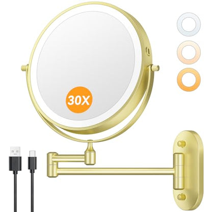 Auxmir 1X/30X Wall Mounted Makeup Mirror, 8" Rechargeable Magnifying Mirror | double-sided button, 3200mAh, 3 dimmable colors, 360° rotation, extended arm, 30X magnification, bathroom, gold - color: 8'' 30x-gold