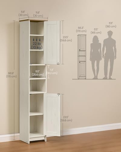 SONGMICS HOME Snapsemble Assembly Bathroom Storage Cabinet, 66.9-Inch Tall | Slim Narrow Freestanding Cabinet, 11.8-Inch Wide, Adjustable Shelves, Rustic White, HOPU Collection UBBC667WJ02S - size: 1 Pack